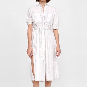Zara White Crinkle Shirt Dress With Top Stitching